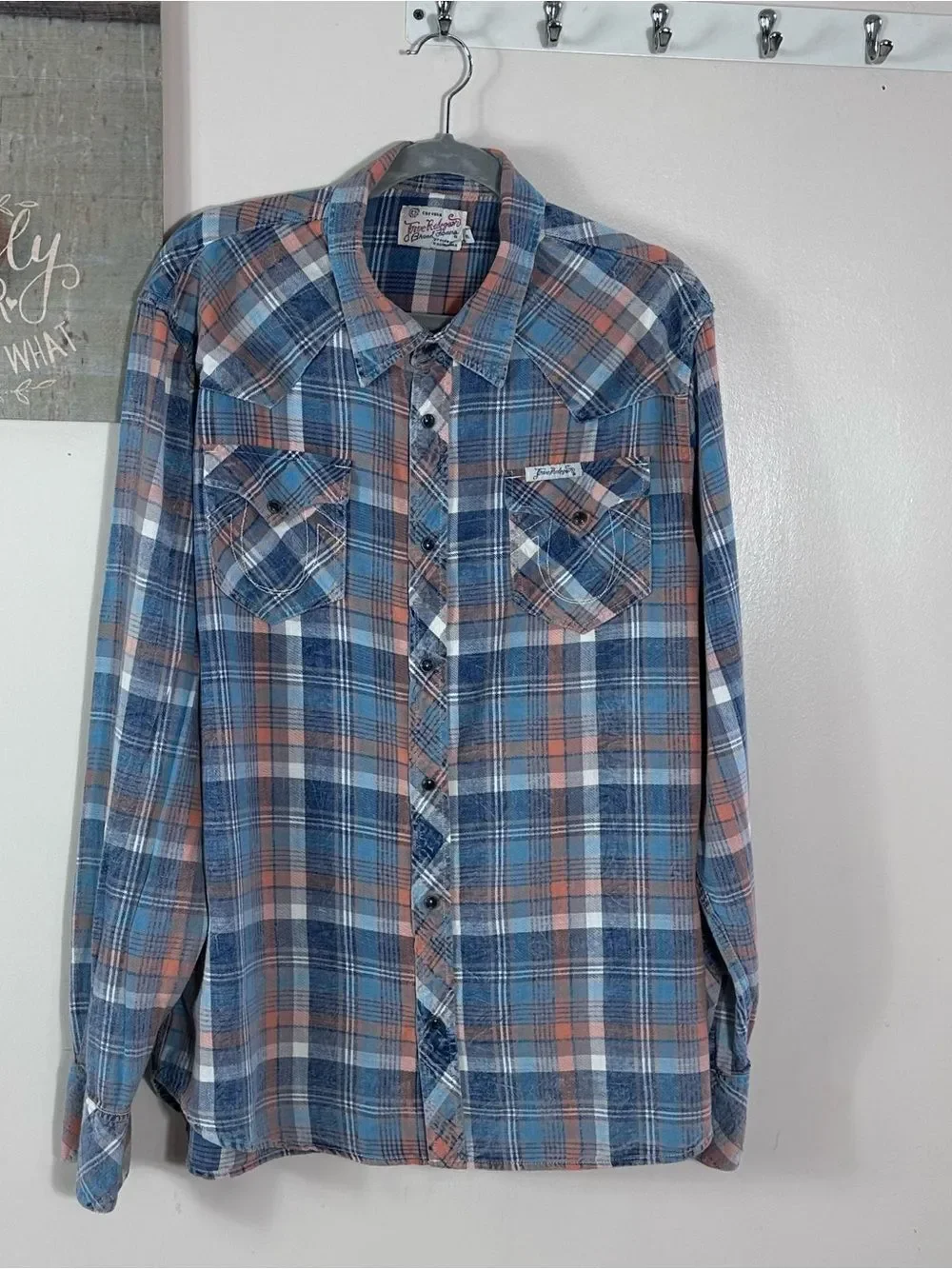 True Religion Blue and Peach Plaid Button-Down Shirt